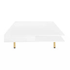 Table basse carrée à 2 tiroirs et 2 plateaux, moderne, laquée noire et blanche, avec pieds dorés