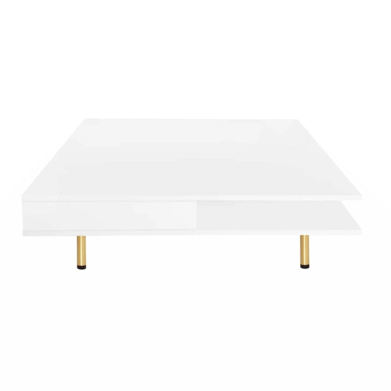 Table basse carrée à 2 tiroirs et 2 plateaux, moderne, laquée noire et blanche, avec pieds dorés