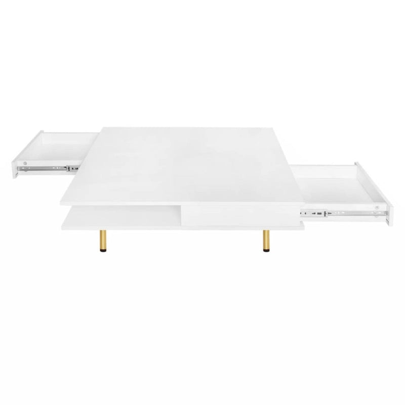 Table basse carrée à 2 tiroirs et 2 plateaux, moderne, laquée noire et blanche, avec pieds dorés