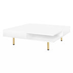 Table basse carrée à 2 tiroirs et 2 plateaux, moderne, laquée noire et blanche, avec pieds dorés