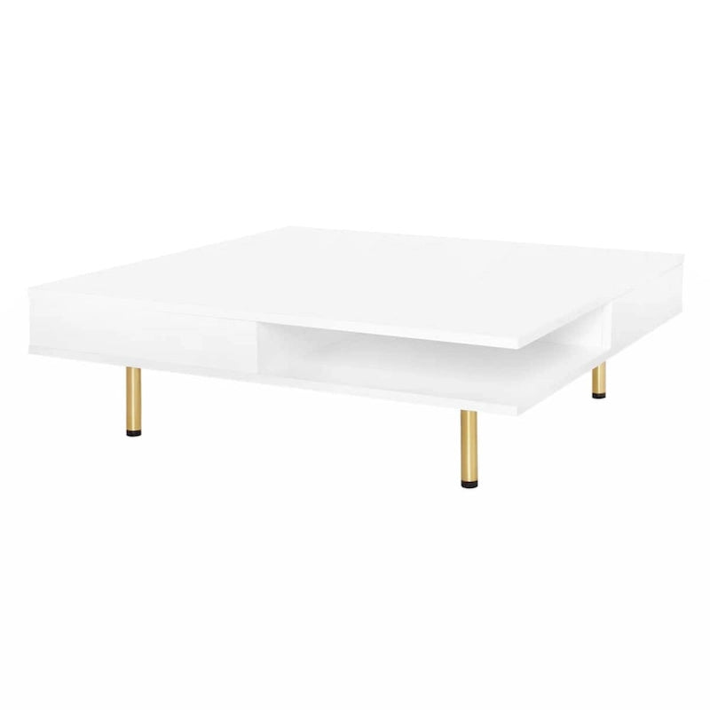 Table basse carrée à 2 tiroirs et 2 plateaux, moderne, laquée noire et blanche, avec pieds dorés