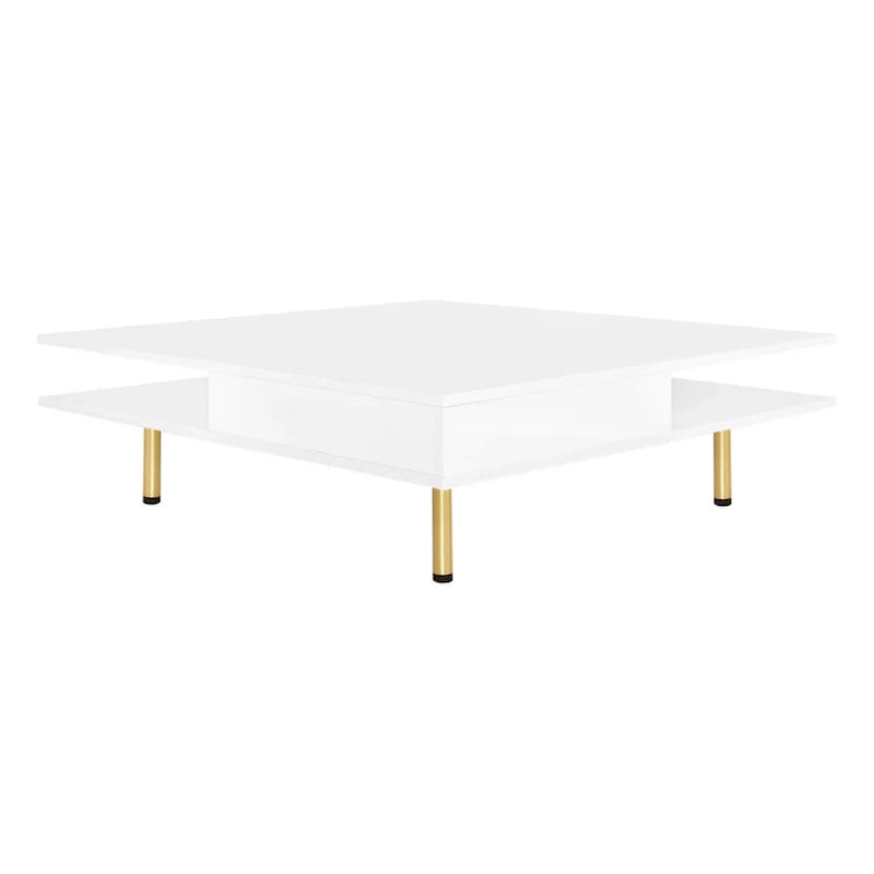 Table basse carrée à 2 tiroirs et 2 plateaux, moderne, laquée noire et blanche, avec pieds dorés