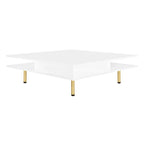 Table basse carrée à 2 tiroirs et 2 plateaux, moderne, laquée noire et blanche, avec pieds dorés