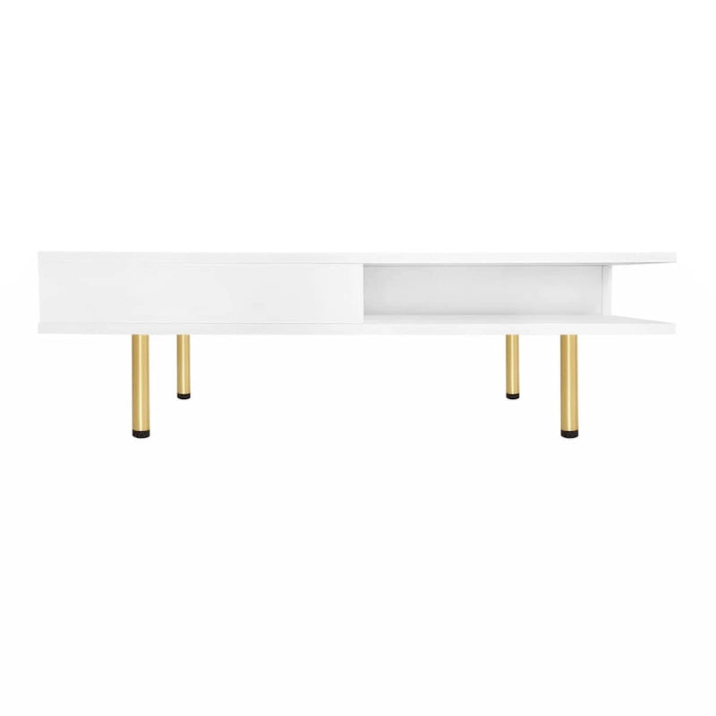 Table basse carrée à 2 tiroirs et 2 plateaux, moderne, laquée noire et blanche, avec pieds dorés