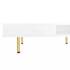 Table basse carrée à 2 tiroirs et 2 plateaux, moderne, laquée noire et blanche, avec pieds dorés
