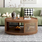 Table basse moderne du milieu du siècle, ronde, marron, côtés en rotin PE avec étagère