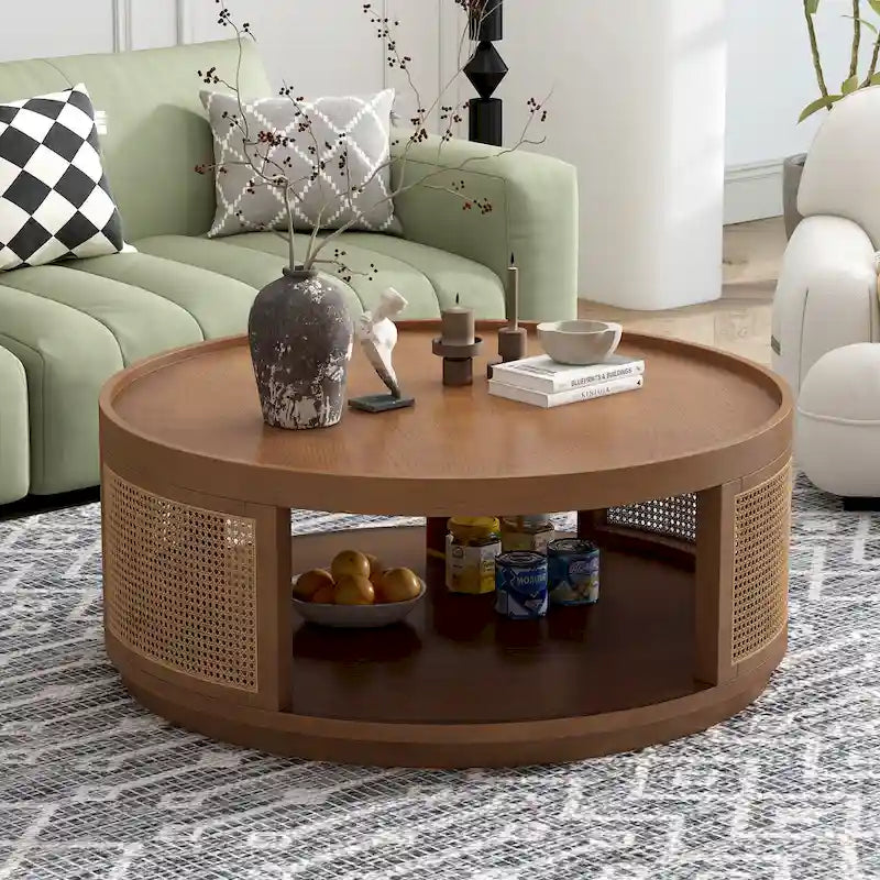 Table basse moderne du milieu du siècle, ronde, marron, côtés en rotin PE avec étagère