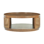 Table basse moderne du milieu du siècle, ronde, marron, côtés en rotin PE avec étagère