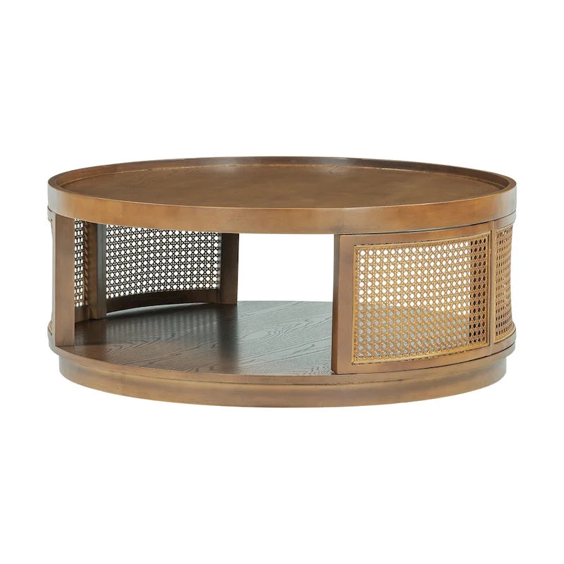 Table basse moderne du milieu du siècle, ronde, marron, côtés en rotin PE avec étagère