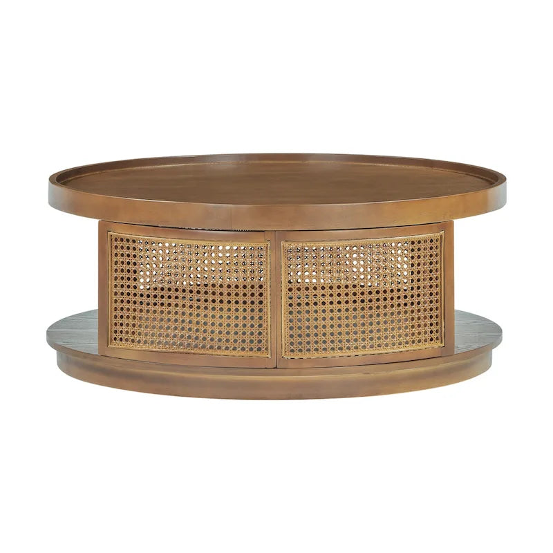 Table basse moderne du milieu du siècle, ronde, marron, côtés en rotin PE avec étagère