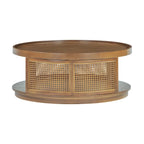 Table basse moderne du milieu du siècle, ronde, marron, côtés en rotin PE avec étagère