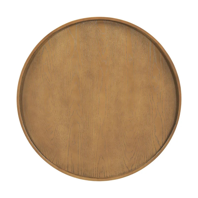 Table basse moderne du milieu du siècle, ronde, marron, côtés en rotin PE avec étagère