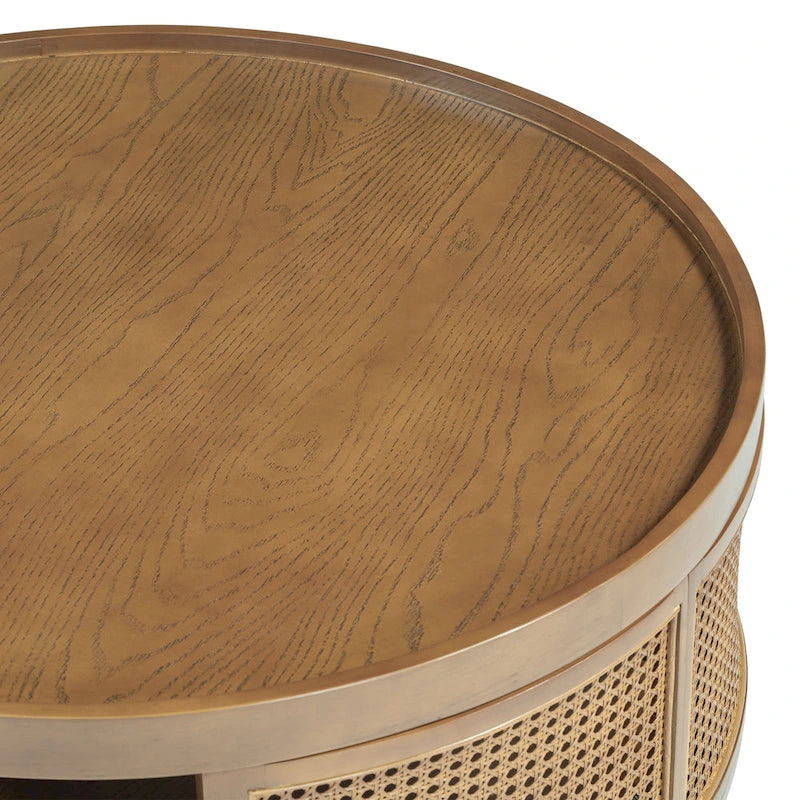 Table basse moderne du milieu du siècle, ronde, marron, côtés en rotin PE avec étagère