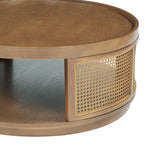 Table basse moderne du milieu du siècle, ronde, marron, côtés en rotin PE avec étagère