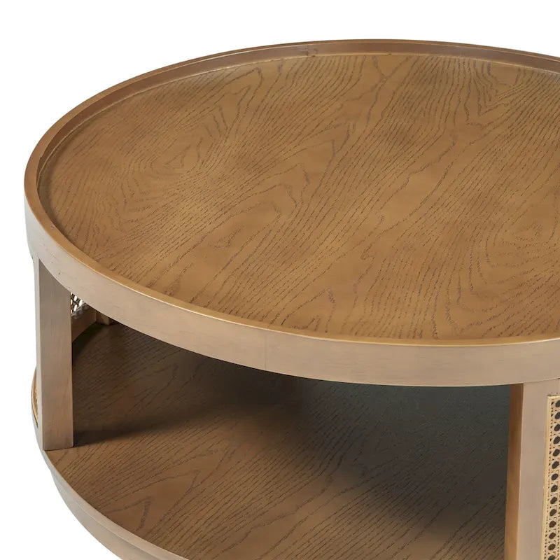 Table basse moderne du milieu du siècle, ronde, marron, côtés en rotin PE avec étagère