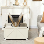 Table basse carrée à plateau relevable de style campagnard, blanc antique/naturel, avec rangement caché et pieds en pin