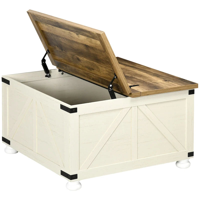 Table basse carrée à plateau relevable de style campagnard, blanc antique/naturel, avec rangement caché et pieds en pin