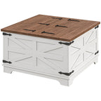 Table basse carrée à plateau relevable de style campagnard, blanc antique/naturel, avec rangement caché et pieds en pin