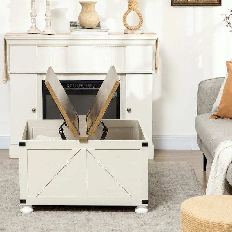 Table basse carrée à plateau relevable de style campagnard, blanc antique/naturel, avec rangement caché et pieds en pin