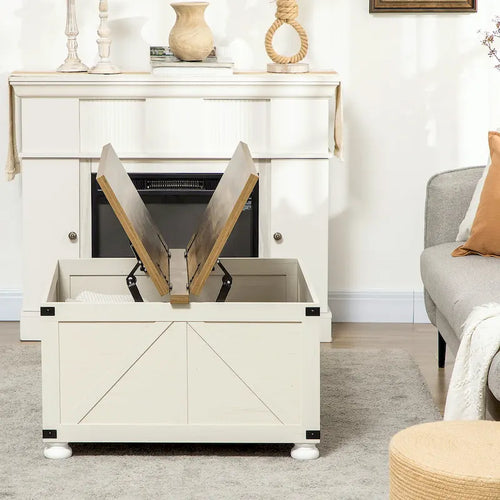 Table basse carrée à plateau relevable de style campagnard, blanc antique/naturel, avec rangement caché et pieds en pin