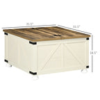 Table basse carrée à plateau relevable de style campagnard, blanc antique/naturel, avec rangement caché et pieds en pin