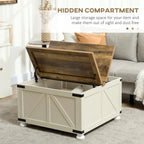 Table basse carrée à plateau relevable de style campagnard, blanc antique/naturel, avec rangement caché et pieds en pin