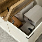 Table basse carrée à plateau relevable de style campagnard, blanc antique/naturel, avec rangement caché et pieds en pin