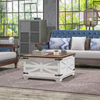 Table basse carrée à plateau relevable de style campagnard, blanc antique/naturel, avec rangement caché et pieds en pin