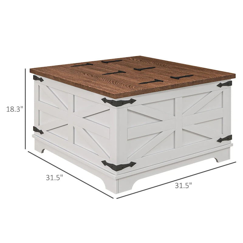 Table basse carrée à plateau relevable de style campagnard, blanc antique/naturel, avec rangement caché et pieds en pin