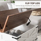 Table basse carrée à plateau relevable de style campagnard, blanc antique/naturel, avec rangement caché et pieds en pin