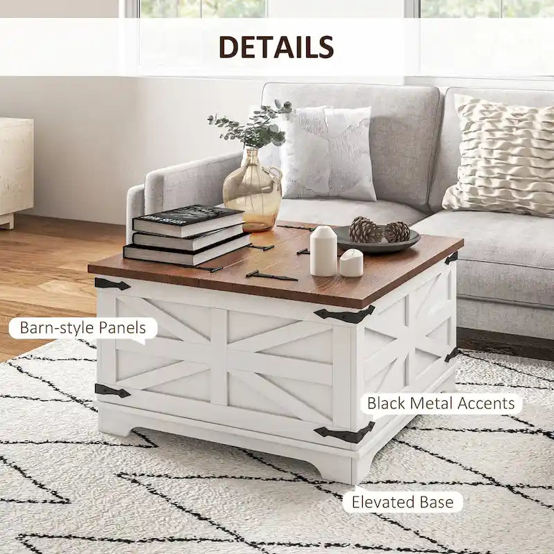 Table basse carrée à plateau relevable de style campagnard, blanc antique/naturel, avec rangement caché et pieds en pin