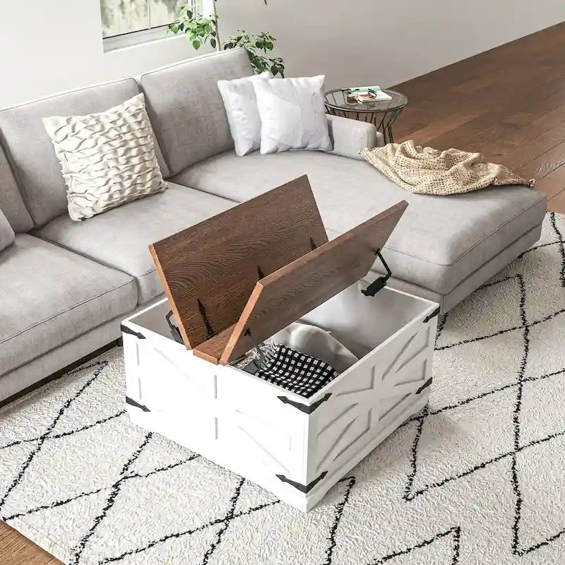 Table basse carrée à plateau relevable de style campagnard, blanc antique/naturel, avec rangement caché et pieds en pin