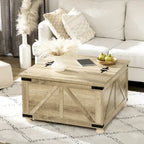 Table basse carrée à plateau relevable de style campagnard, blanc antique/naturel, avec rangement caché et pieds en pin