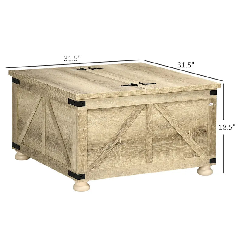 Table basse carrée à plateau relevable de style campagnard, blanc antique/naturel, avec rangement caché et pieds en pin
