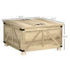 Table basse carrée à plateau relevable de style campagnard, blanc antique/naturel, avec rangement caché et pieds en pin