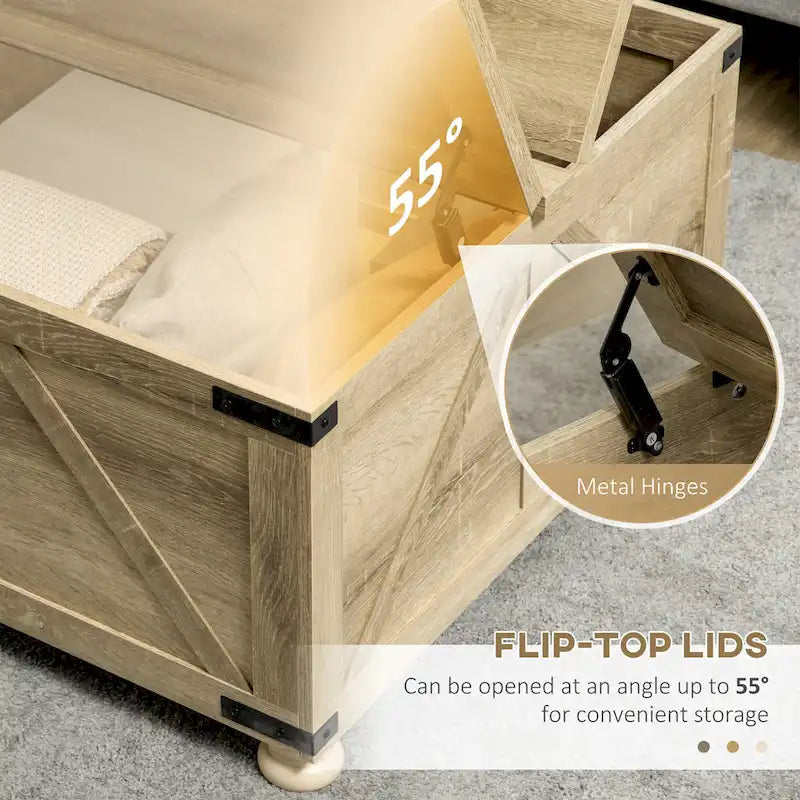 Table basse carrée à plateau relevable de style campagnard, blanc antique/naturel, avec rangement caché et pieds en pin