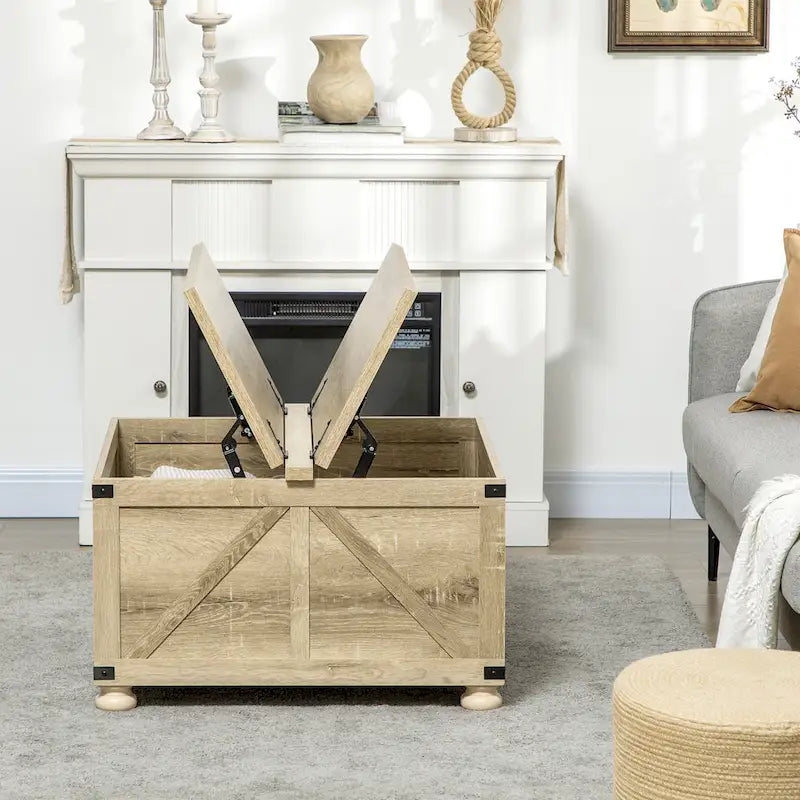 Table basse carrée à plateau relevable de style campagnard, blanc antique/naturel, avec rangement caché et pieds en pin