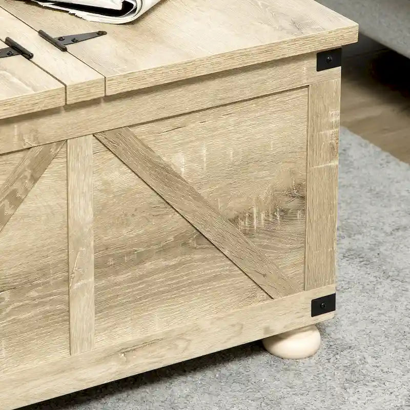 Table basse carrée à plateau relevable de style campagnard, blanc antique/naturel, avec rangement caché et pieds en pin