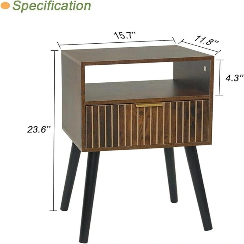 Table de chevet moderne du milieu du siècle brun rustique avec tiroir et étagère ouverte