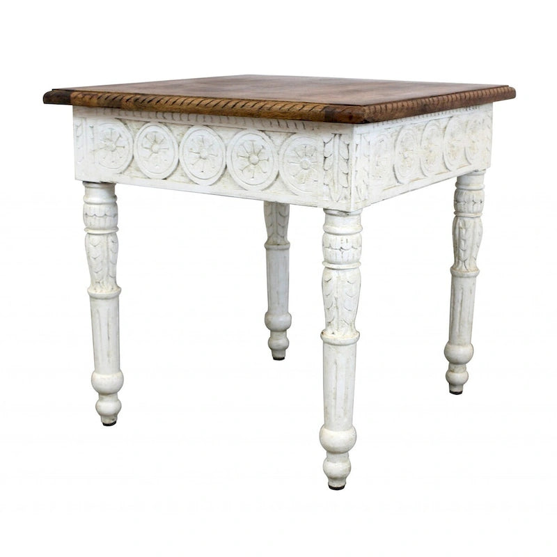 Table d'appoint carrée en bois massif vieilli rustique ivoire et marron, 61 cm