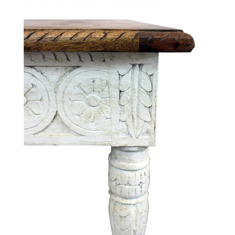 Table d'appoint carrée en bois massif vieilli rustique ivoire et marron, 61 cm