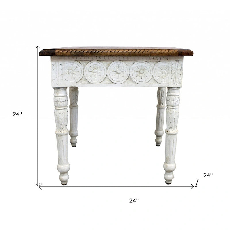 Table d'appoint carrée en bois massif vieilli rustique ivoire et marron, 61 cm