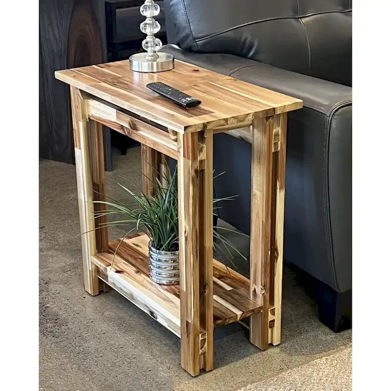 Table d'appoint en bois d'acacia massif, naturel/acajou, avec étagère inférieure et pieds réglables