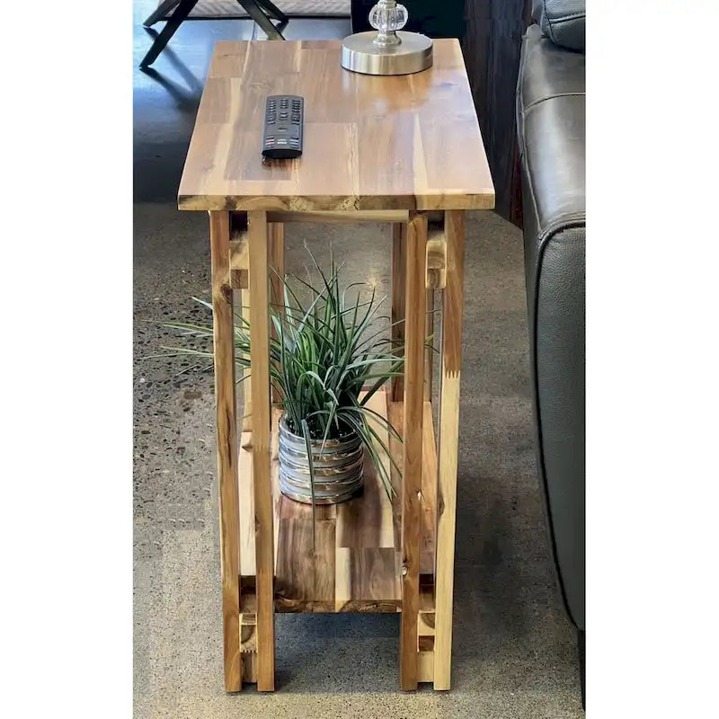 Table d'appoint en bois d'acacia massif, naturel/acajou, avec étagère inférieure et pieds réglables