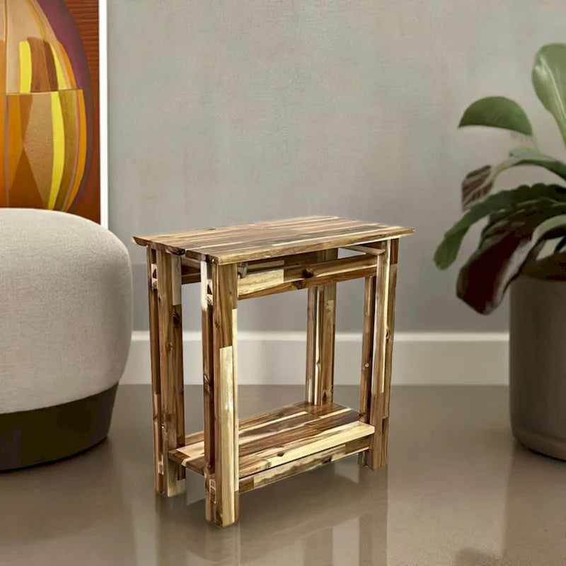 Table d'appoint en bois d'acacia massif, naturel/acajou, avec étagère inférieure et pieds réglables