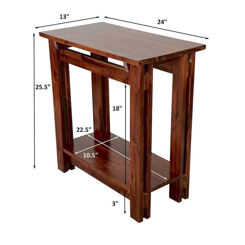 Table d'appoint en bois d'acacia massif, naturel/acajou, avec étagère inférieure et pieds réglables