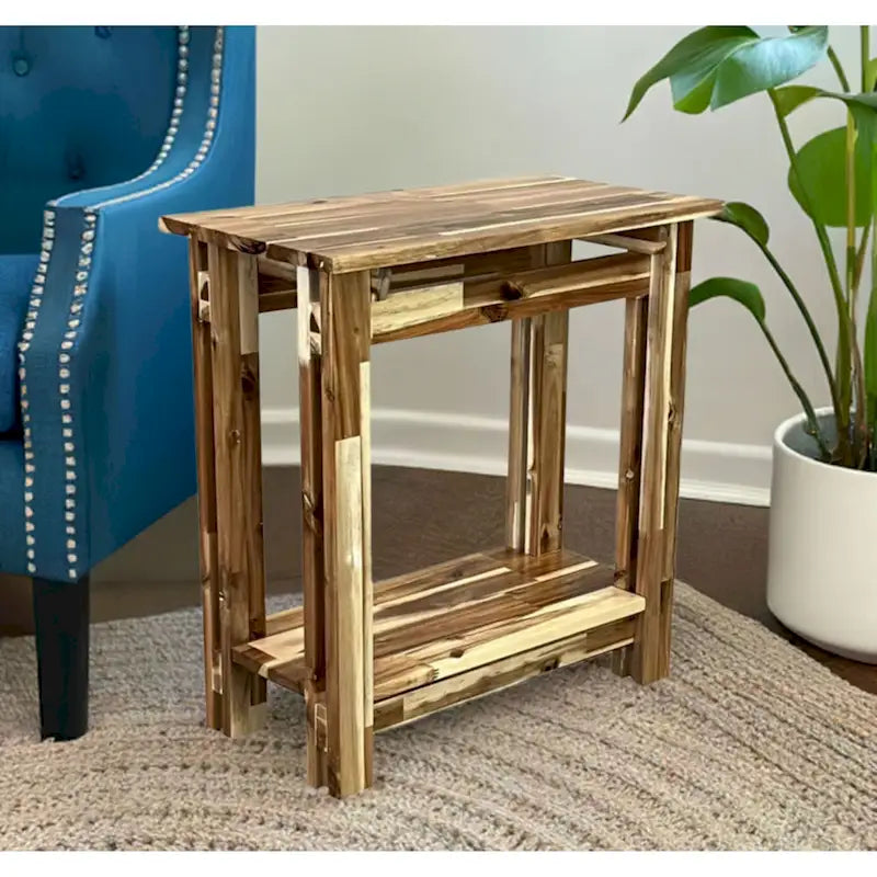 Table d'appoint en bois d'acacia massif, naturel/acajou, avec étagère inférieure et pieds réglables