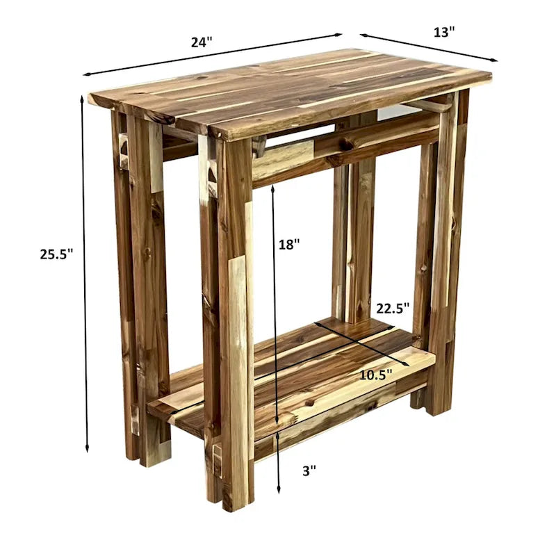 Table d'appoint en bois d'acacia massif, naturel/acajou, avec étagère inférieure et pieds réglables