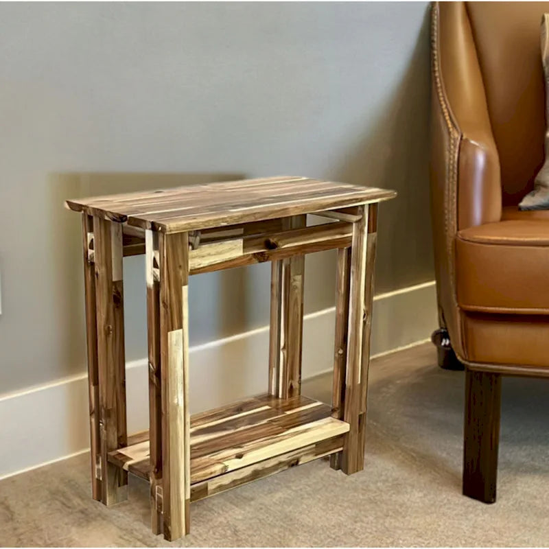 Table d'appoint en bois d'acacia massif, naturel/acajou, avec étagère inférieure et pieds réglables