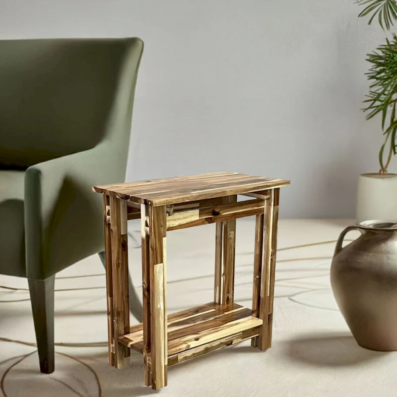 Table d'appoint en bois d'acacia massif, naturel/acajou, avec étagère inférieure et pieds réglables